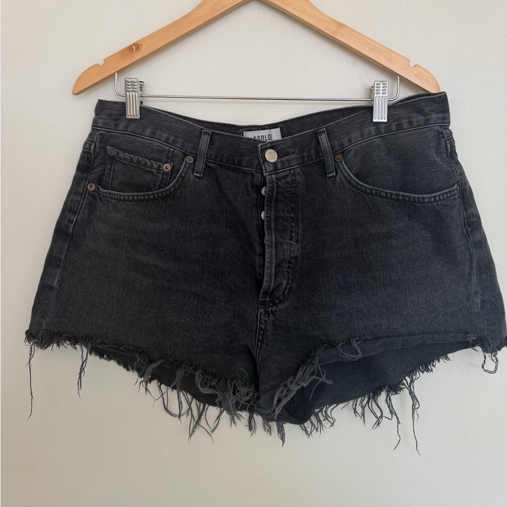 AGOLDE Parker Black High-Rise Frayed Hem Denim Shorts